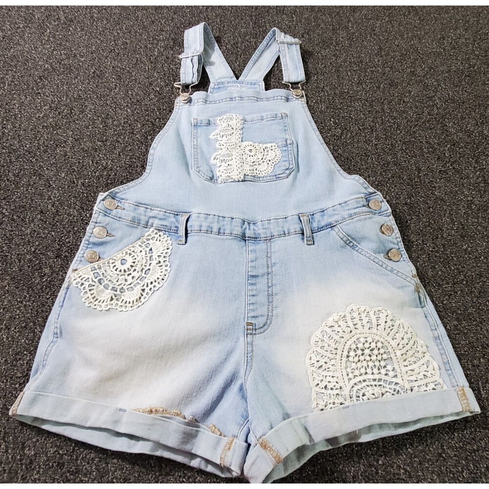 Jordache Bib Shortalls Girls XXL 18 Denim Lace Crochet Embellished Light Wash